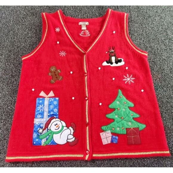 White Stag Ugly Christmas Sweater Vest Women's Large 12-14 Red Snowman Gold Trim - Picture 1 of 13